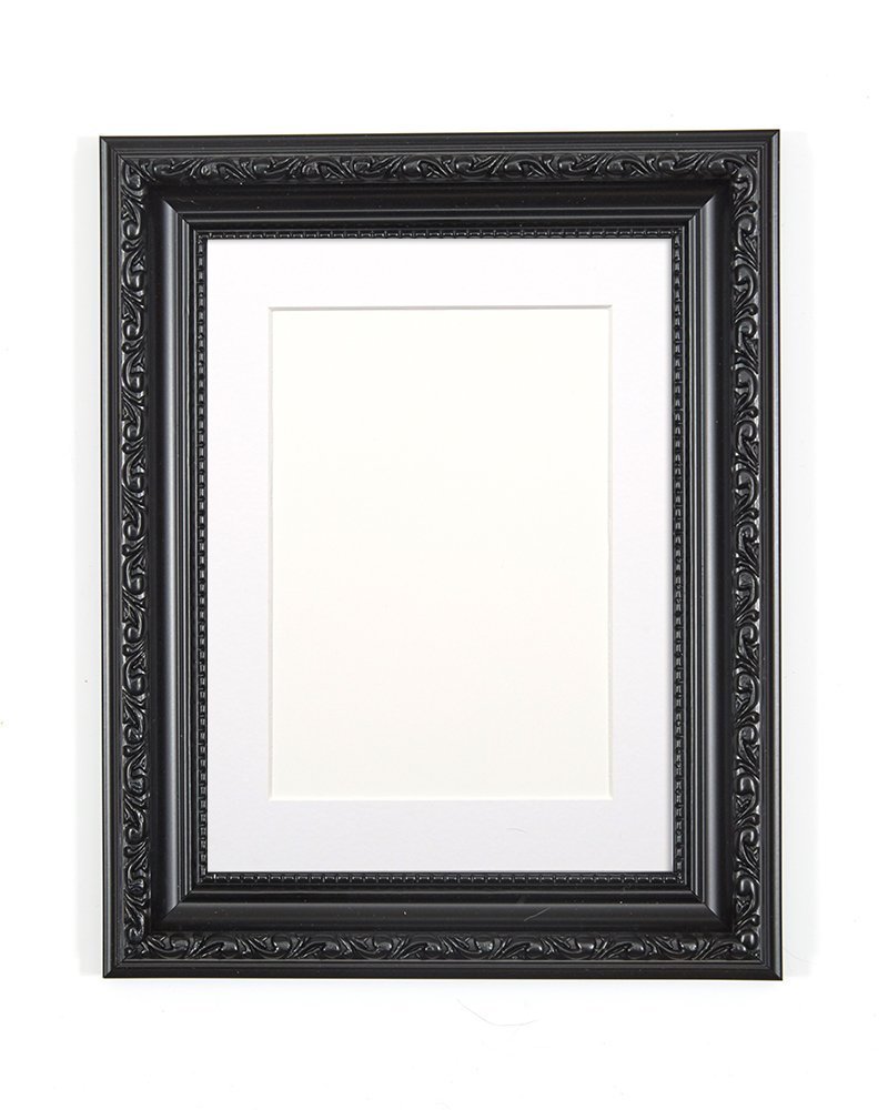 Ornate Shabby Chic Picture/Photo/Poster frame - With an MDF backing board – Black Frame with White Mount- 6"x4" for 4.5"x2.5" picture