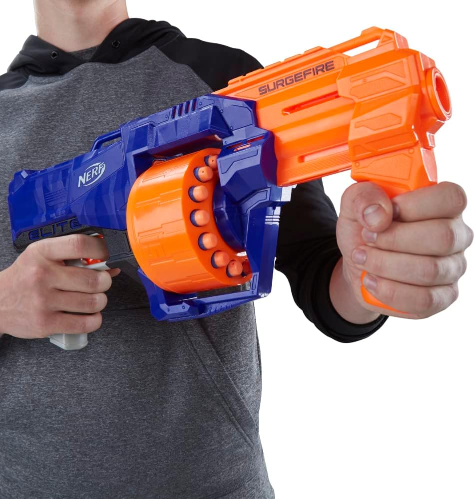 Close-up of Nerf SurgeFire Elite Blaster's rotating drum being loaded with darts