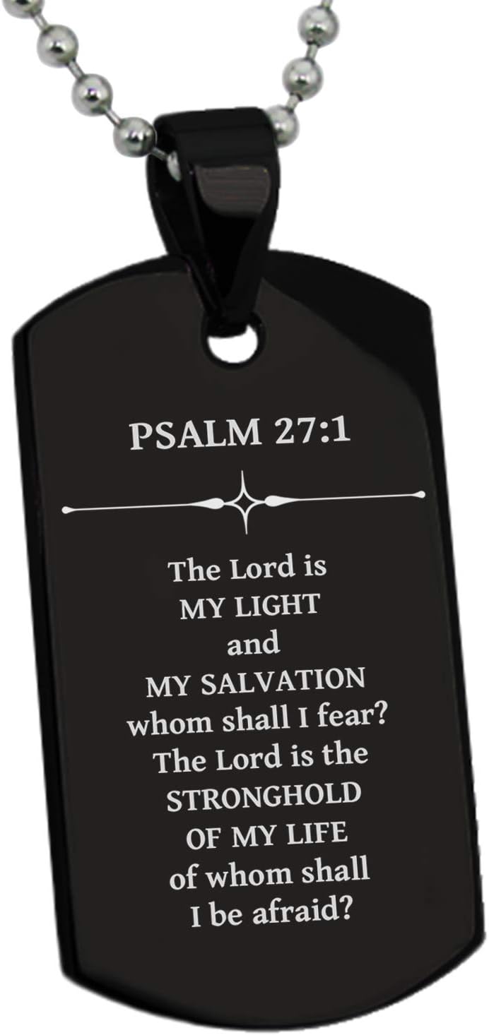 Stainless Steel Stronghold of My Life Psalm 27:1 Dog Tag Pendant Necklace