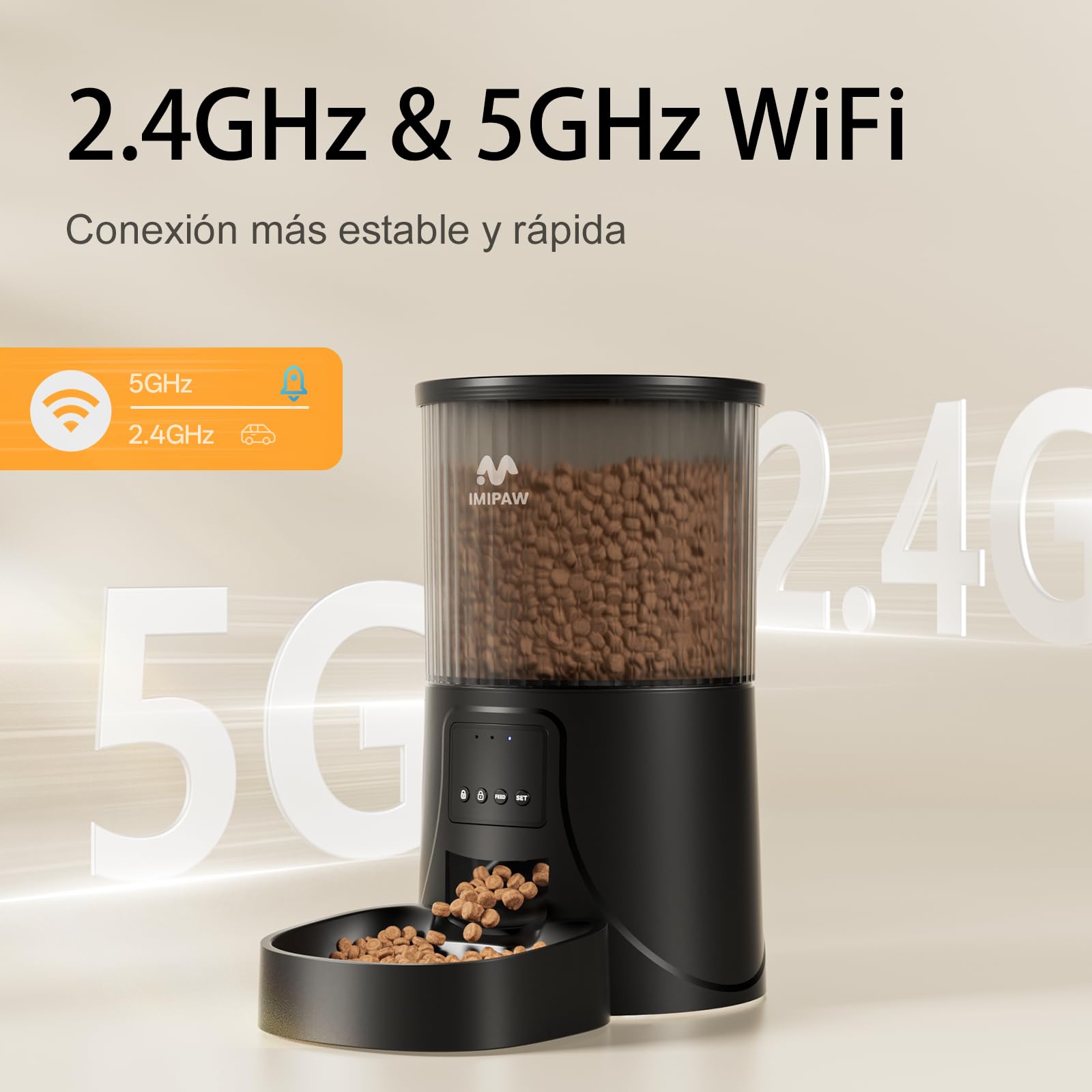 IMIPAW Comedero Gato Automatico, 2.4G | 5G WiFi, 4L Dispensador Comida para Perros, Gatos con Programa Personalizado de Alimentación Automática, Control de App, 1-10 Comidas al Día (Negro, 4L)