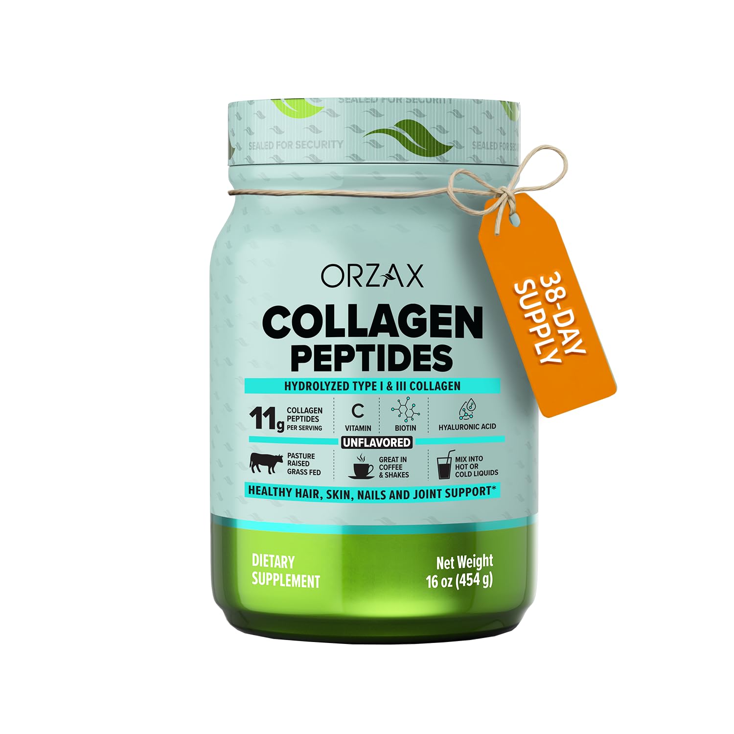 ORZAX Collagen Peptides Powder, 454g Collagen, Type I & III Grass Fed Vitamin C, Biotin & Hyaluronic Acid, Hair, Nail, Skin & Joint Support Supplement, Sugar Free, Gluten Free, Unflavored, 16 oz