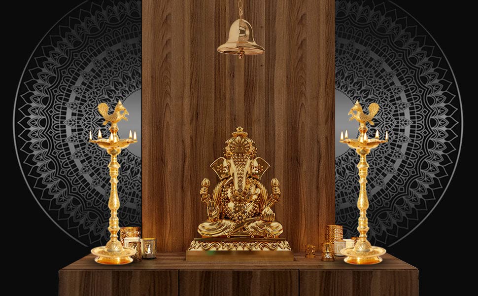 Image of Indian Art Villa Pure Brass Shine Finish Stand /Pillar Diya /Deepak /Lamp /Lantern with Peacock Design, Pooja, Home Decor & Diwali Gift Item, Height-12 Inches