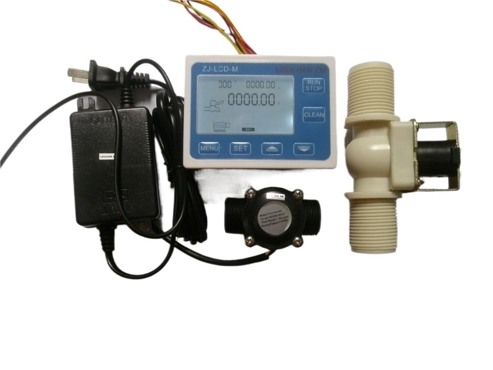 Medidor de flujo con pantalla G3/4"+Sensor de flujo +Live solenoide +Adaptador de corriente