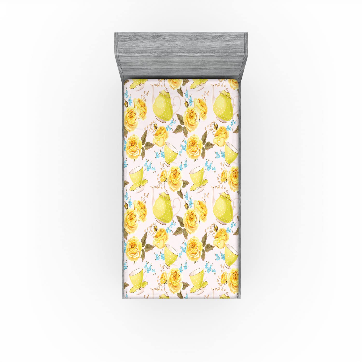 Ambesonne Kitchen 2 Pack Fitted Sheet, Tea Time Cups Flowers, Bed Cover All-Round Elastic Deep Pockets 2 Pieces, Package Contains 2 Twin Size Fitted Sheets, Turquoise Yellow