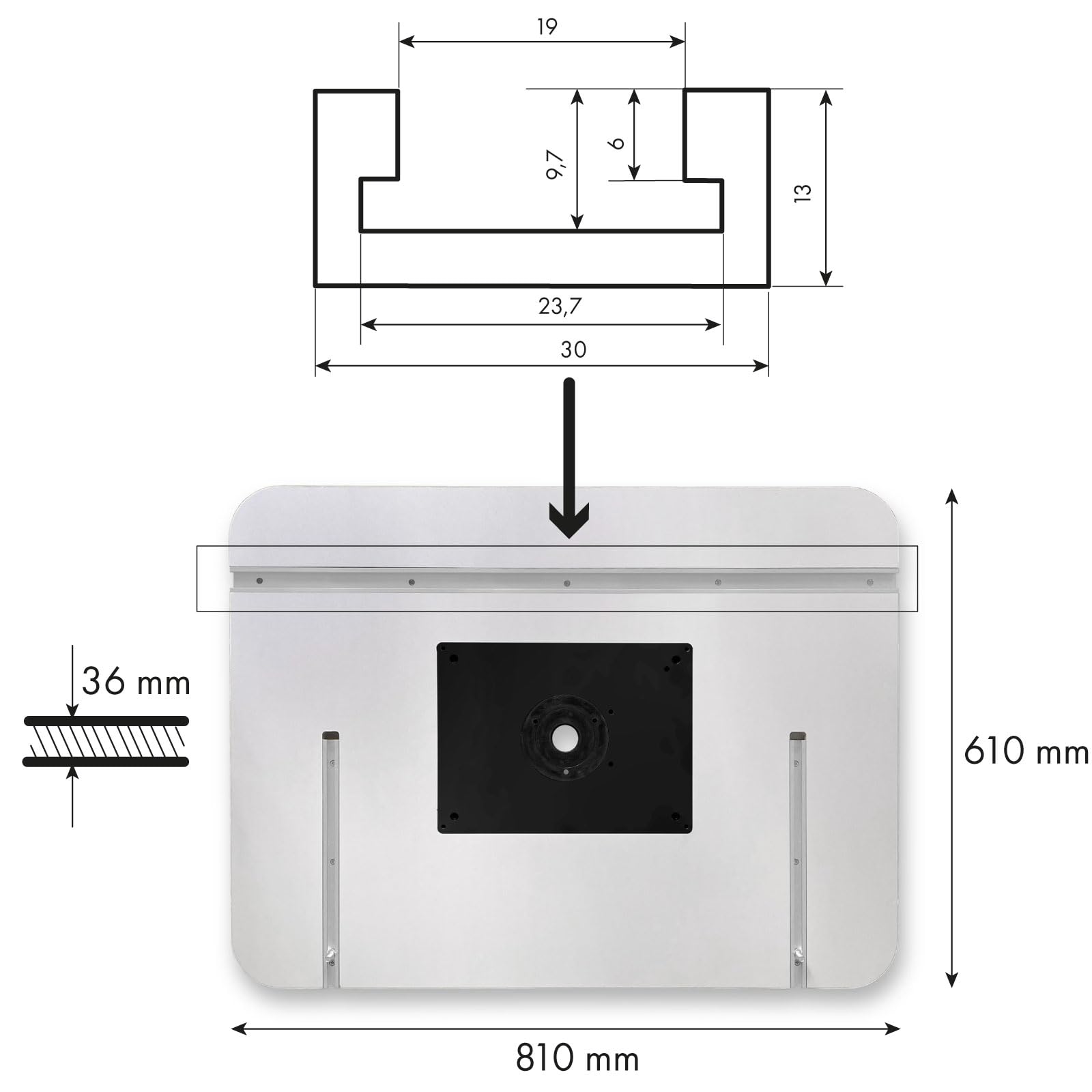 EBERTH Tavolo per fresatrice, banco da lavoro per fresatrice, tavolo da lavoro 810 x 610 mm, diametro cesto fresa 40-190 mm, altezza di lavoro 880 mm, attacco per hoover, spessore tavolo 36 mm