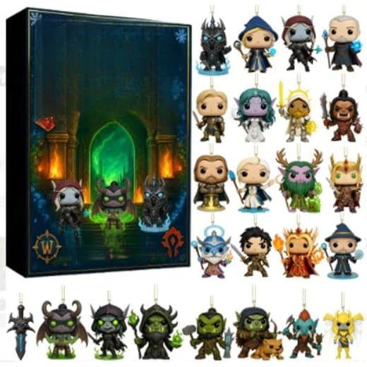World of Warcraft Adventskalender 2025, 24 tägiger Weihnachtskalender, Weihnachtsbaum Deko Set mit Schlüsselanhänger, 2D Acryl Ornamente, Dekoration für Kinder und Fans