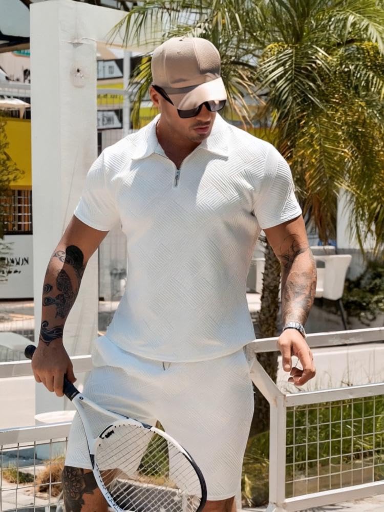 Mens Summer Short Sets Outfits Fashion Zip Polo Shirt and Shorts 2 Piece Set Casual Tracksuit for Golf Vacation - Image 3