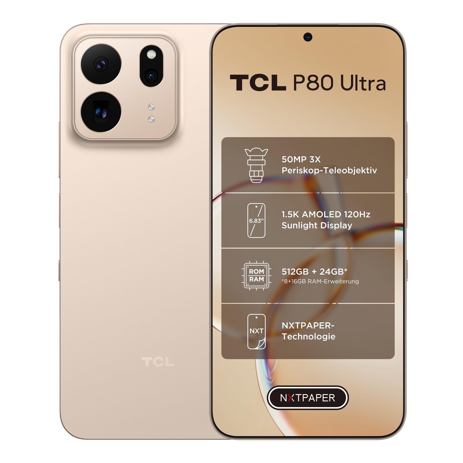 TCL P80 Ultra 5G Smartphone 50MP 3X Telephoto NXTPAPER Display 512GB 50MP Teleobjektiv, 1.5K AMOLED- & NXTPAPER-Display, 512GB ROM, 24GB erweiterter RAM, 5800mAh Akku (typ.),45W Laden, Google Gemini
