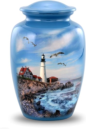 Lighthouse Urn - Full Size Portland Head Lighthouse Cremation Urn Adult Urns for Men and Women Ocean Blue Funeral and Memorial Urns for Human Ashes Upto 210 Lbs with Velvet Bag Large