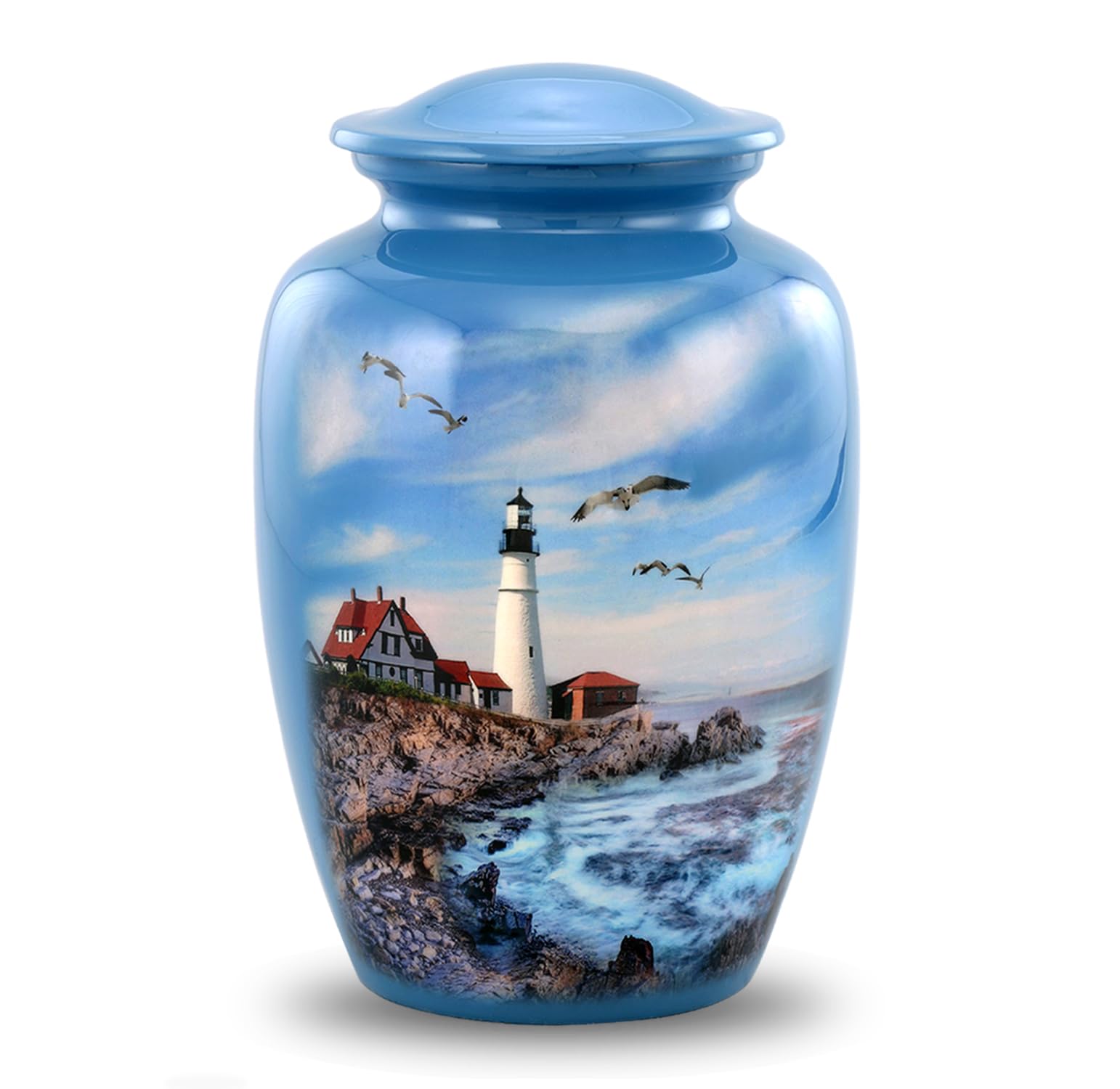 Lighthouse Urn - Full Size Portland Head Lighthouse Cremation Urn – Adult Urns for Men and Women – Ocean Blue Funeral and Memorial Urns for Human Ashes Upto 210 Lbs with Velvet Bag (Large)