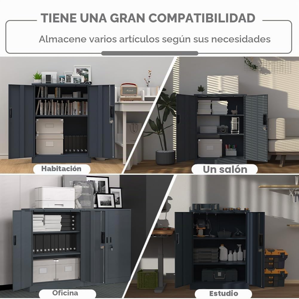 Armario de metal con cerradura y 2 estantes ajustables (90x80x40cm) - Armario de acero para oficina, garaje y hogar | Capacidad de carga de 50 kg por estante (Gris oscuro, 90x80x40cm)