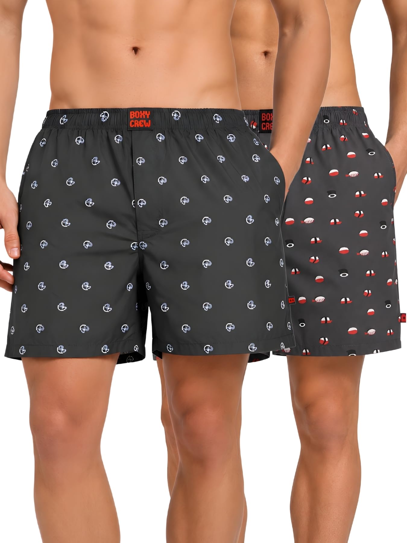 Men Boxer Shorts Pack of 2, 100% Cotton Woven Boxers, Dark Blue & Charcoal Gray, Printed Designs, Dual Side Pockets, No-Marks Inner Elastic Waistband, Relaxed Fit Lounge & Sleep Shorts-image-40