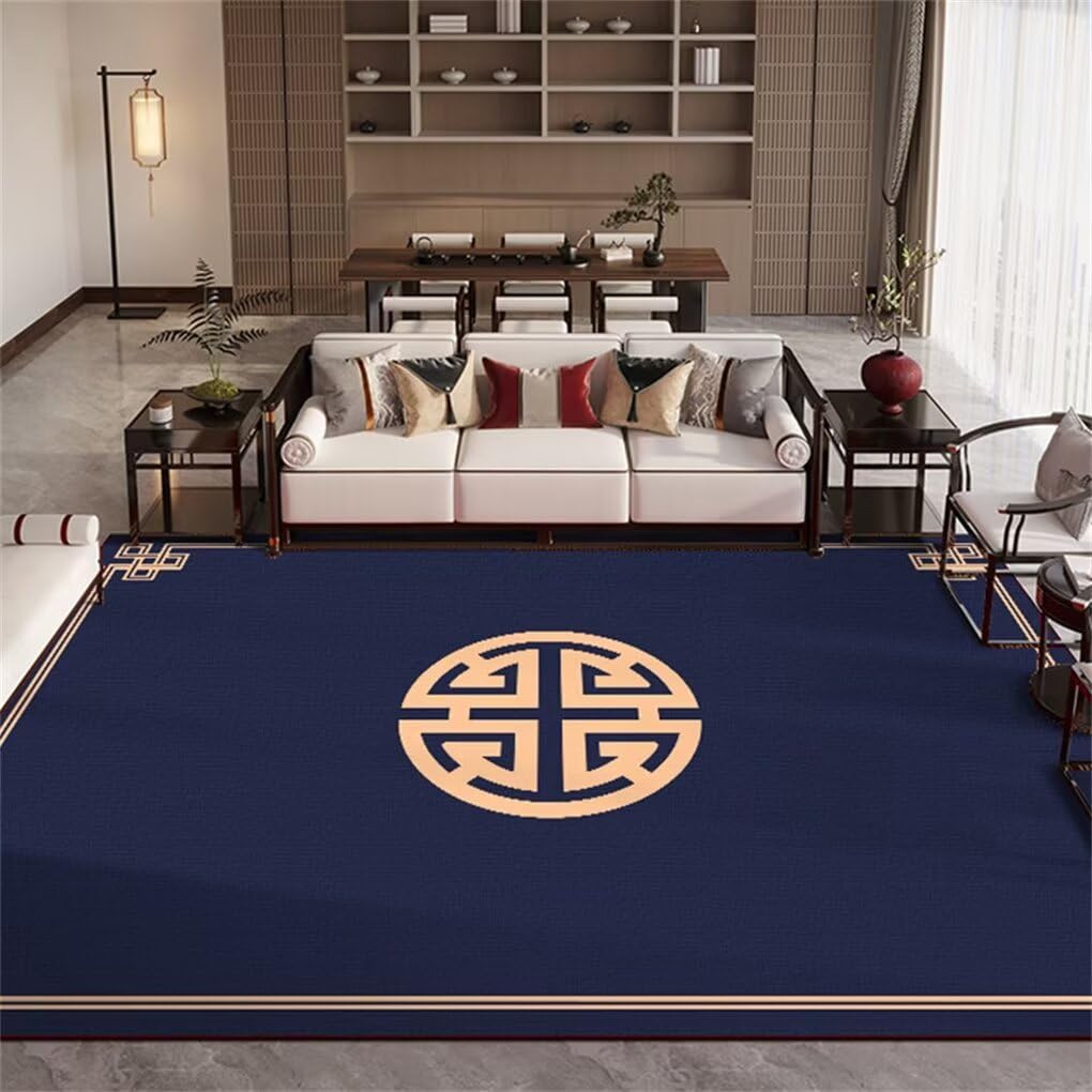 Tapis pour chambre bleu et grand tapis de salon style chinois pour intérieur zen