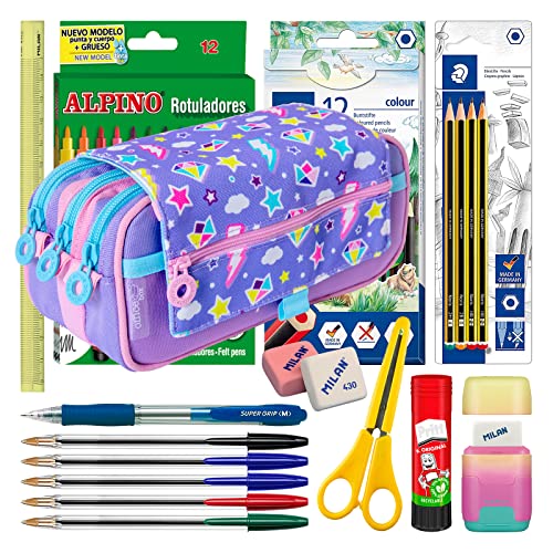 ColePack Design 2022 Lote de Estuche Portatodo Triple con 3 Cremalleras y Material Escolar de Primeras Marcas Incluido (Sparky) Cover