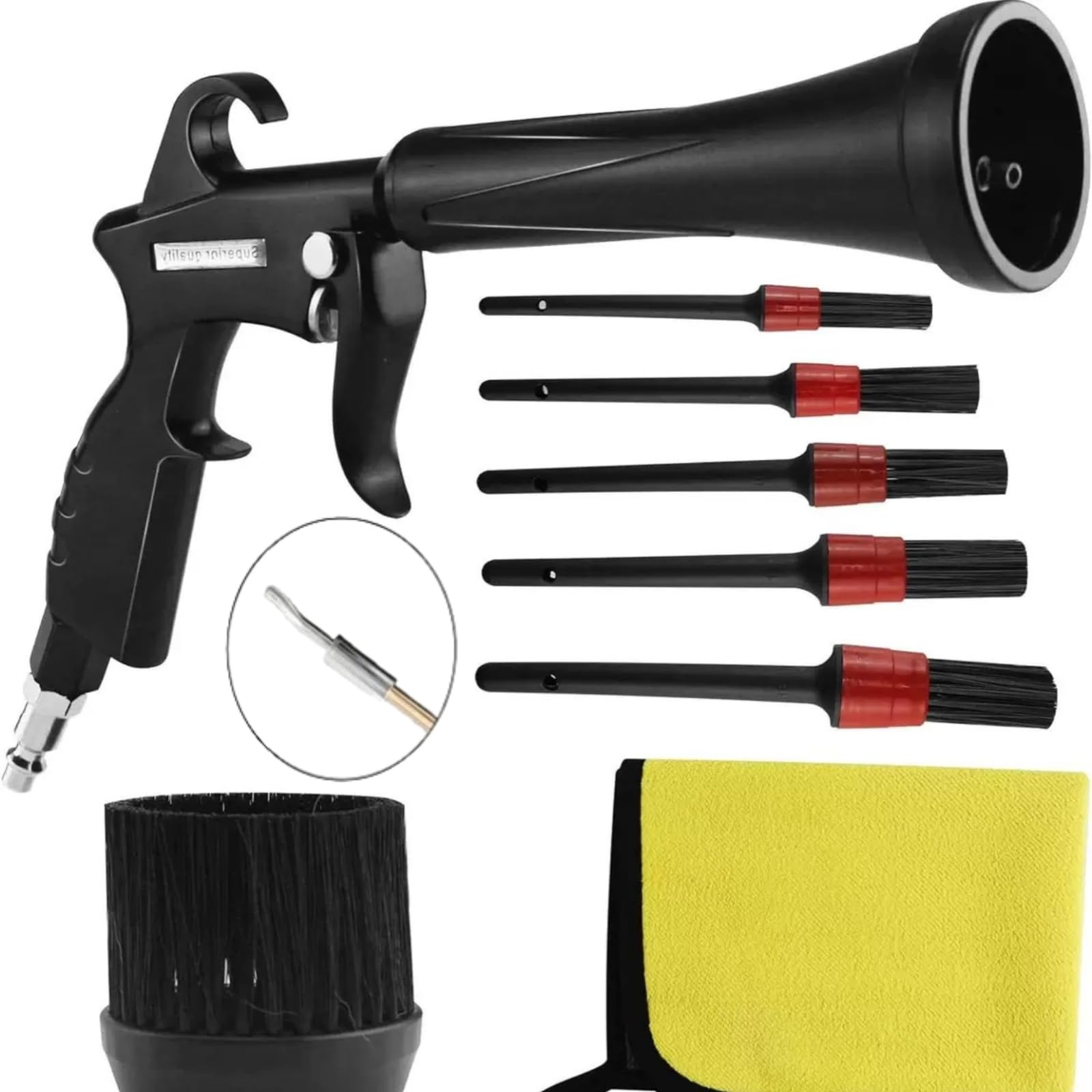 Car Air Blowgun Powerful Portable car Cleaning Gun for car, Home dusting and Other Work The air Gun Needs to be Used with an air Compressor(1 Large Brush Head, 5 Small Brush Heads, 1 Towel)