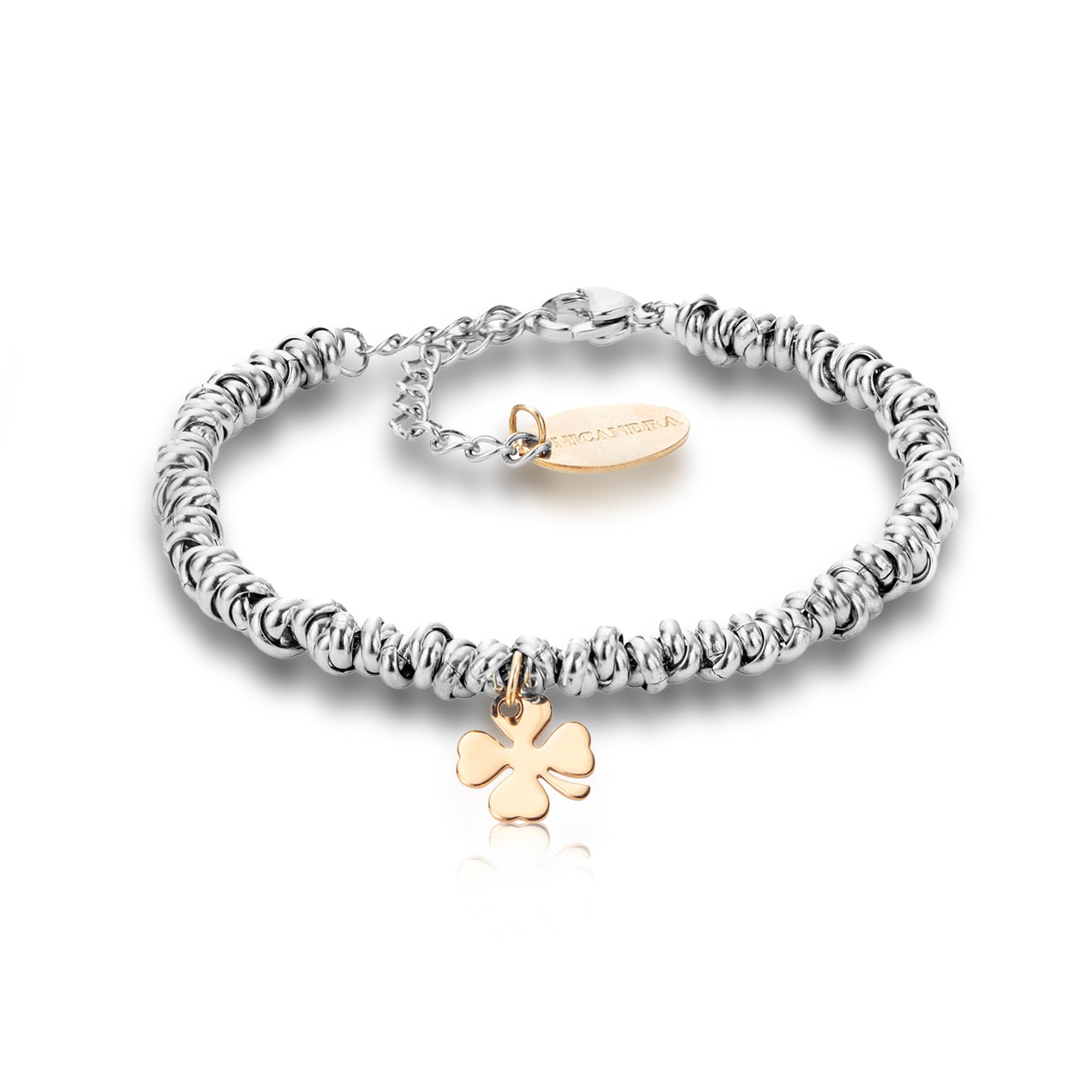 Bracciale Donna con Nodini - Gioiello con Ciondoli Cuore Quadrifoglio o Cornetto in Acciaio Inossidabile - Portafortuna Realizzato a Mano con Catenina Regolabile da 16 a 21 cm - Made in Italy