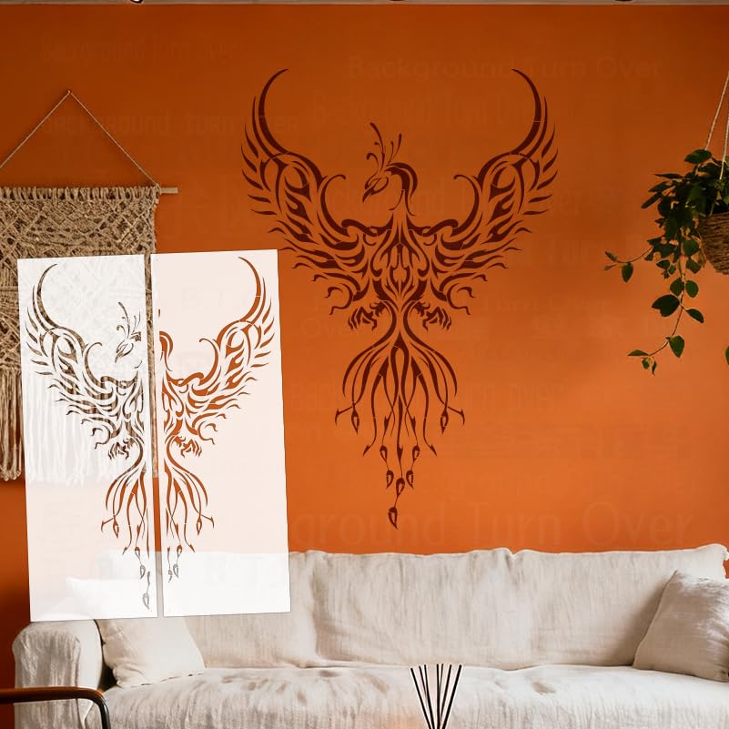 Pochoir mural motif totem phénix 117 cm grand pochoir réutilisable S663