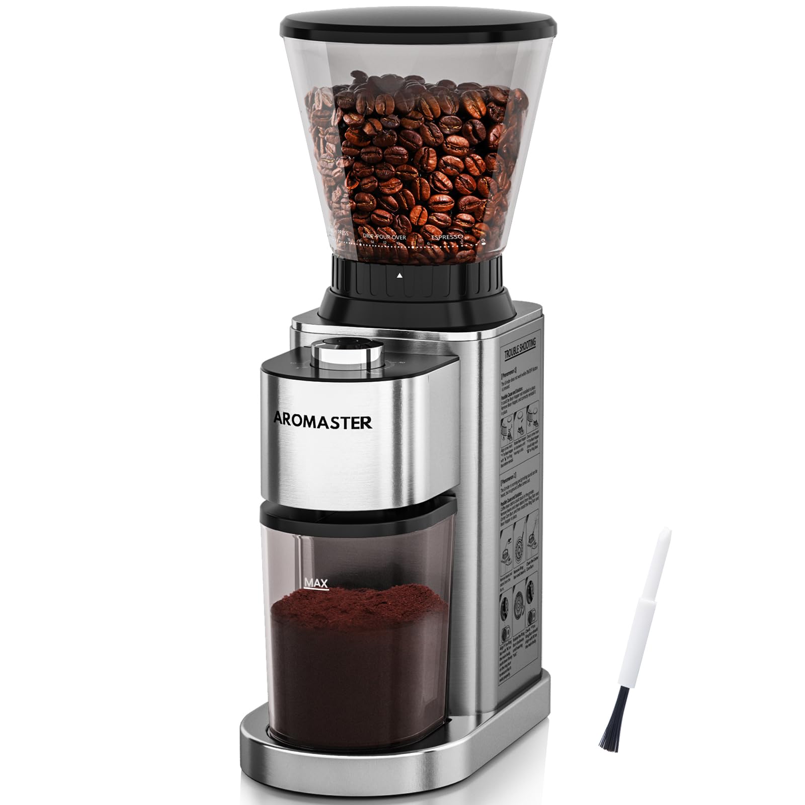Aromaster Conical Coffee Bean Grinder with 48 Gind Settings,Burr Coffee Grinder for Home Use,Stainless Steel,40 Seconds Adjustable Timer,Anti-static,Easy to Clean with Brush,Classic Silver