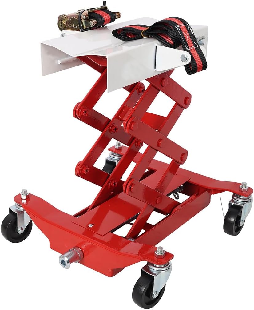 Transmission Jack, 450 Lbs Capacity Low Lift Transmission Jack with Nylon Safety Strap, 2-Stage Jack Stand with Foot Pedal, 360 Swivel Wheel, for Transmissions & Gas Tanks on Smaller Vehicles