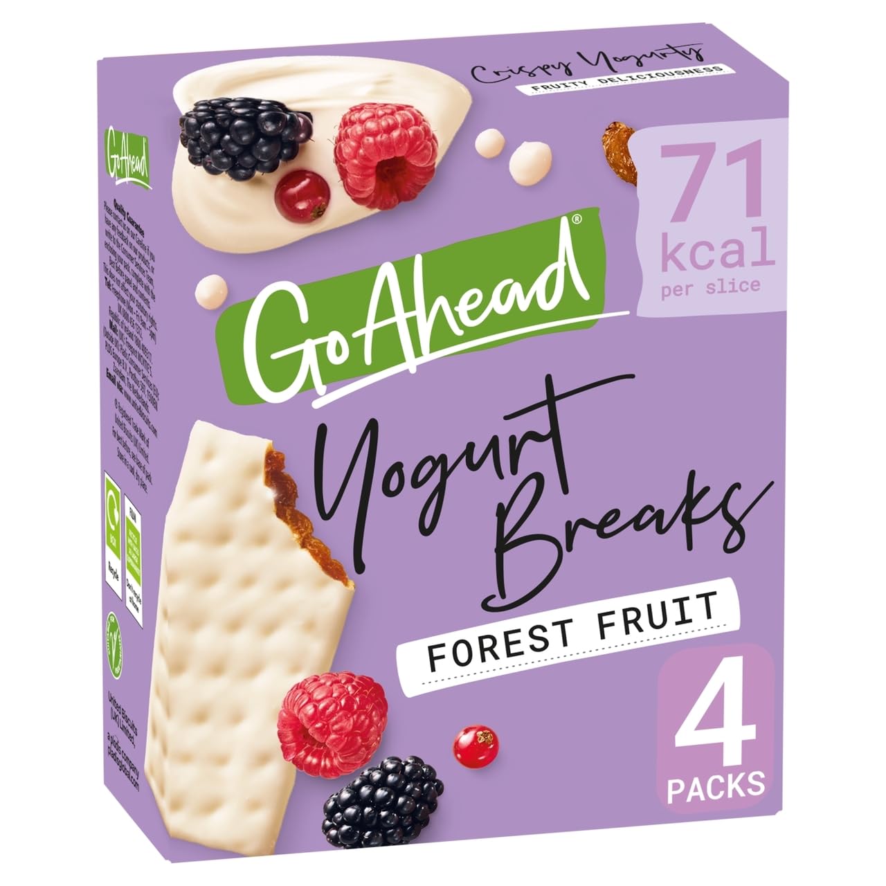 Go Ahead Forest Fruit Yogurt Breaks Snack Bars, Multipack, 4 x 35.5g,Crispy yogurty fruity deliciousness, 71 Kcal per slice, Source of Fibre, No artificial colours or flavours, Suitable for Vegetarian