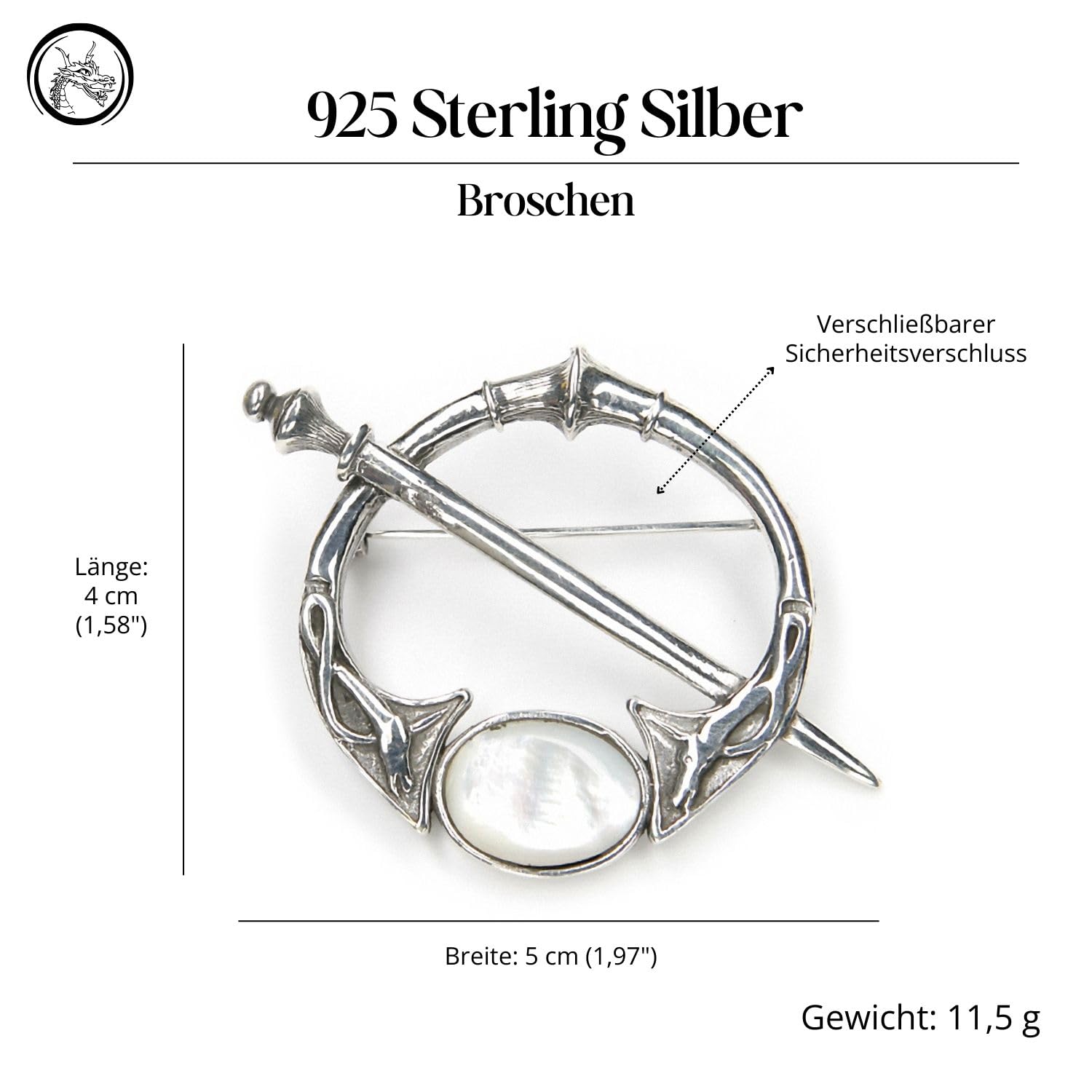 Keltische Fibel Brosche Kelten Gewandnadel Massiv 925 Sterlingsilber Perlmutt Mittelalter Keltisch Silberschmuck Damen Herren