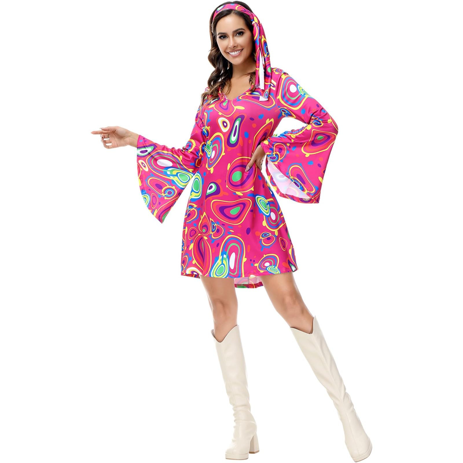 Womens Fancy 70s Dress 2PC Vintage Long Bell Sleeves V-Neck 1970s Hippie Mini Dresses Costume Clothes Floral Printed 1960s Style Retro Party Halloween Hippy Disco Outfits with Headband Hot Pink