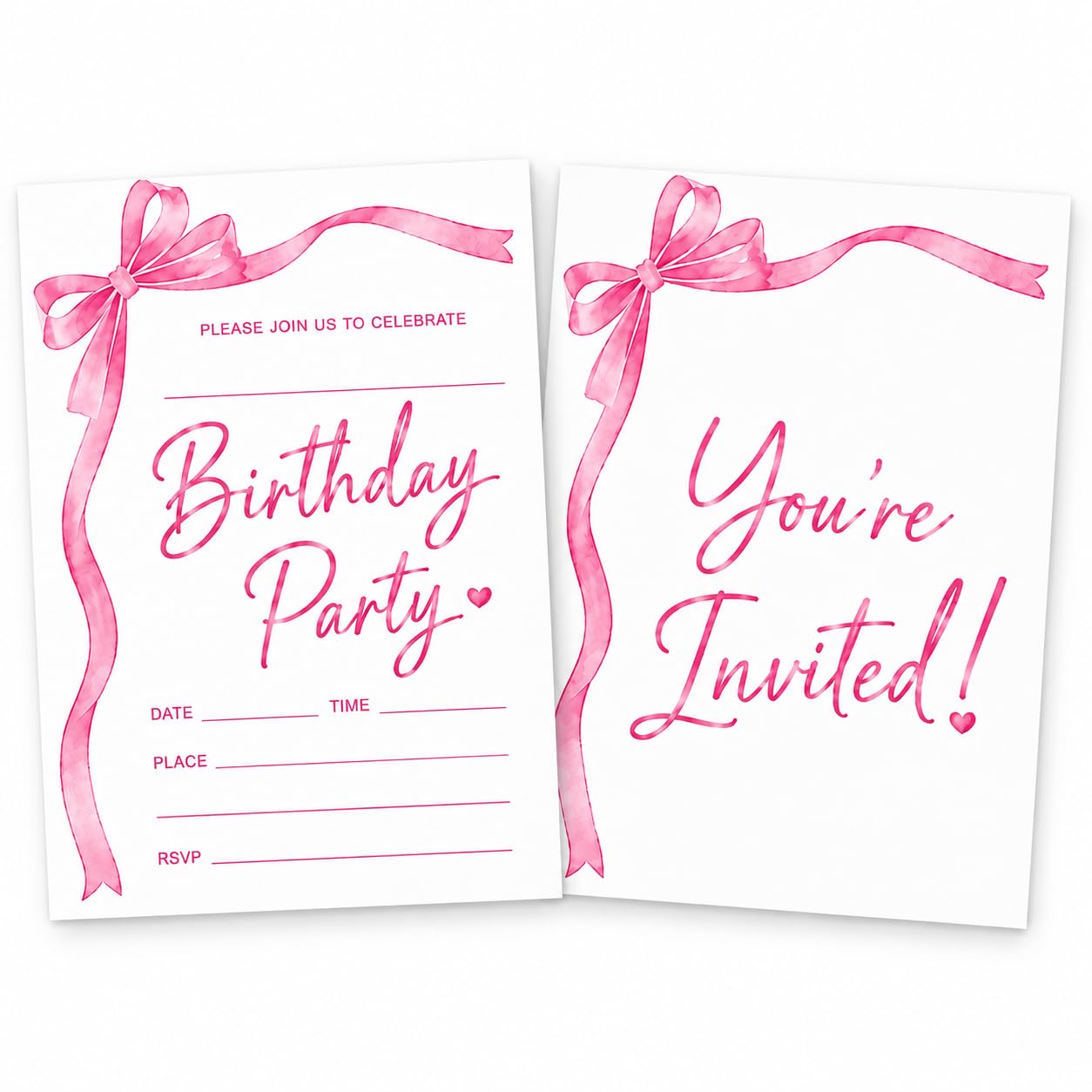 30 Pack Birthday Invitations for Girls, Pink Bow Party Invitations Kids