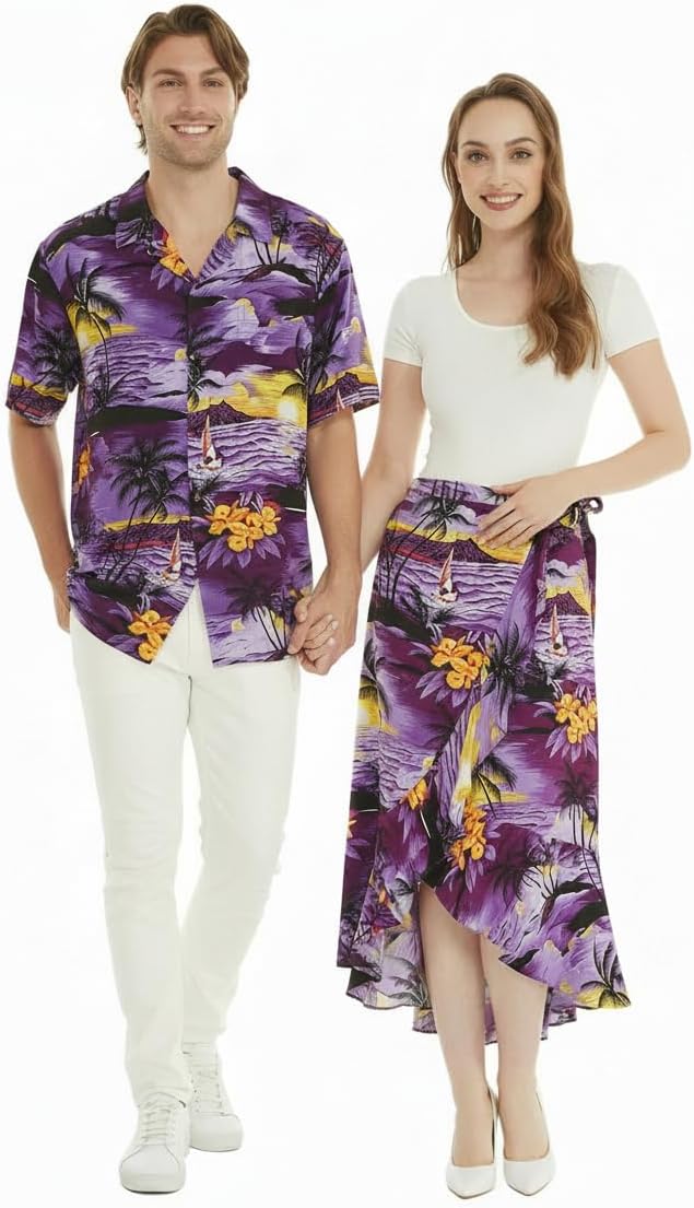 Matchable Couple Hawaiian Luau Shirt or Wrap Skirt in Sunset Purple