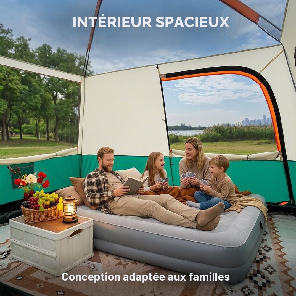 Tente familiale pour 4 personnes, tente tunnel avec 2 cabines de couchage et auvent, montage rapide en 10 min, tente de camping étanche 3000 mm avec UPF 50+, tente légère pour camping familial et