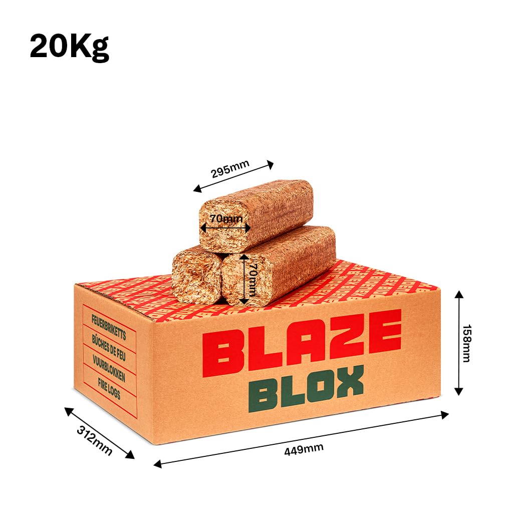 BlazeBlox Feuerbriketts | 100% Weichholz-Sägemehl, Feuerbriketts | Jeder Briketts-Karton enthält 12 Briketts und wiegt 20 kg (8 x 20kg Karton)