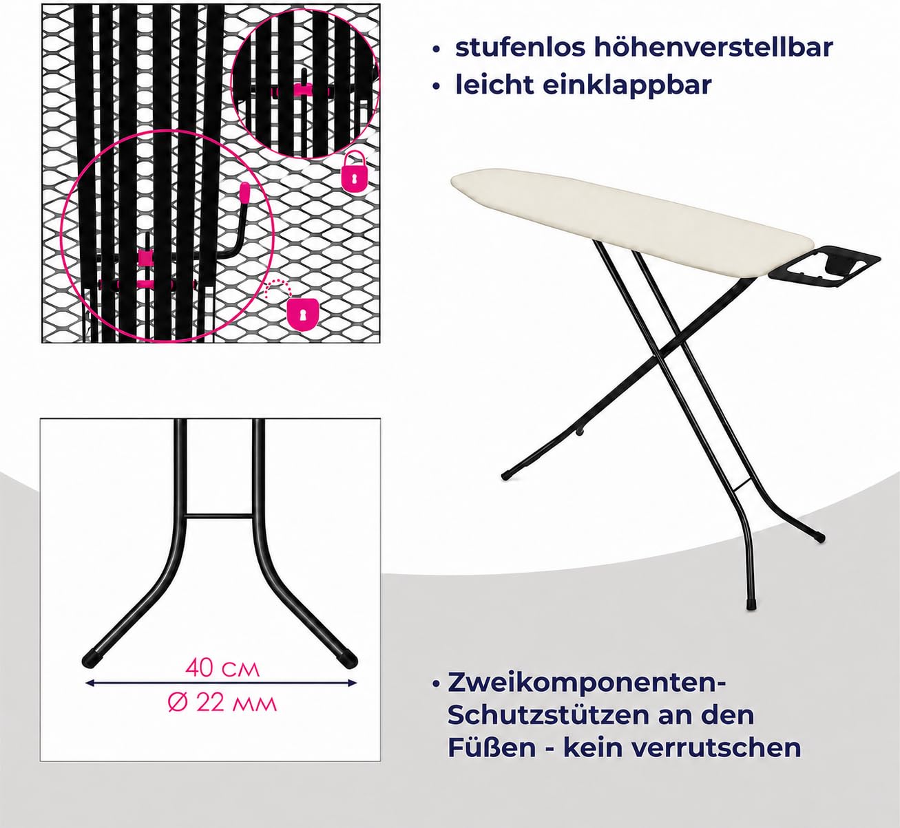 STAHLMANN® Bügelbrett beige [114x34 cm] höhenverstellbar & klappbar