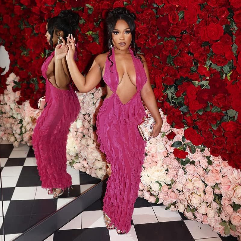 Suillty Women's Halter Low Cut Maxi Dress Sexy Sleeveless Hollow Out V Neck Backless Bodycon Party Club Long Dresses - Image 3