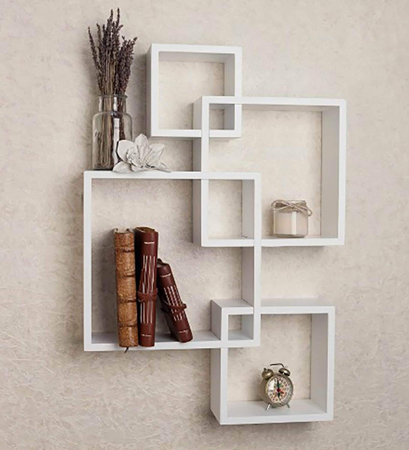 DecorDen Intersecting Wall Shelf for Wall Decoration/Wall Shelves Set of 4 Black/Wall Rack for Home Decor/Book Shelf for Office Decor (White) (Engineered Wood)