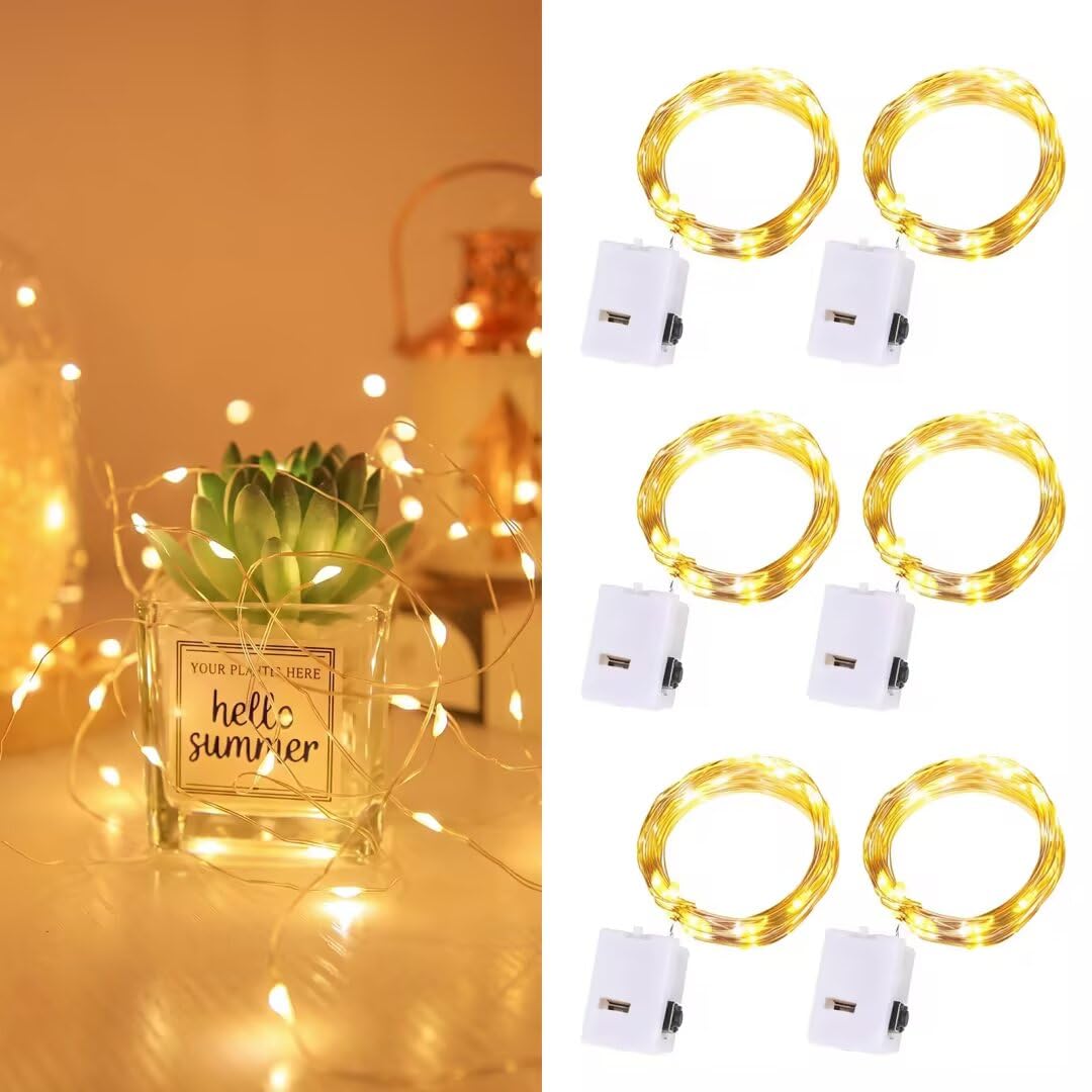 6Pcs Fairy Lights, 3 Modes Battery Operated, 3M 30 LED Mini Silver Wire String Lights, Warm White Small LED Lights for Bedroom, Party, Wedding, Christmas, Bottle Decor, Indoor Covered Outdoor Use