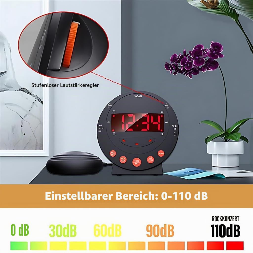 Vibrationswecker für Gehörlose, Tiefschläfer & Senioren, Batteriebetrieben Wecker mit 110 dB lautem Alarm, Vibrationsuhr, Bett-Shaker, Dimmer, Schreibtisch Schlafzimmer