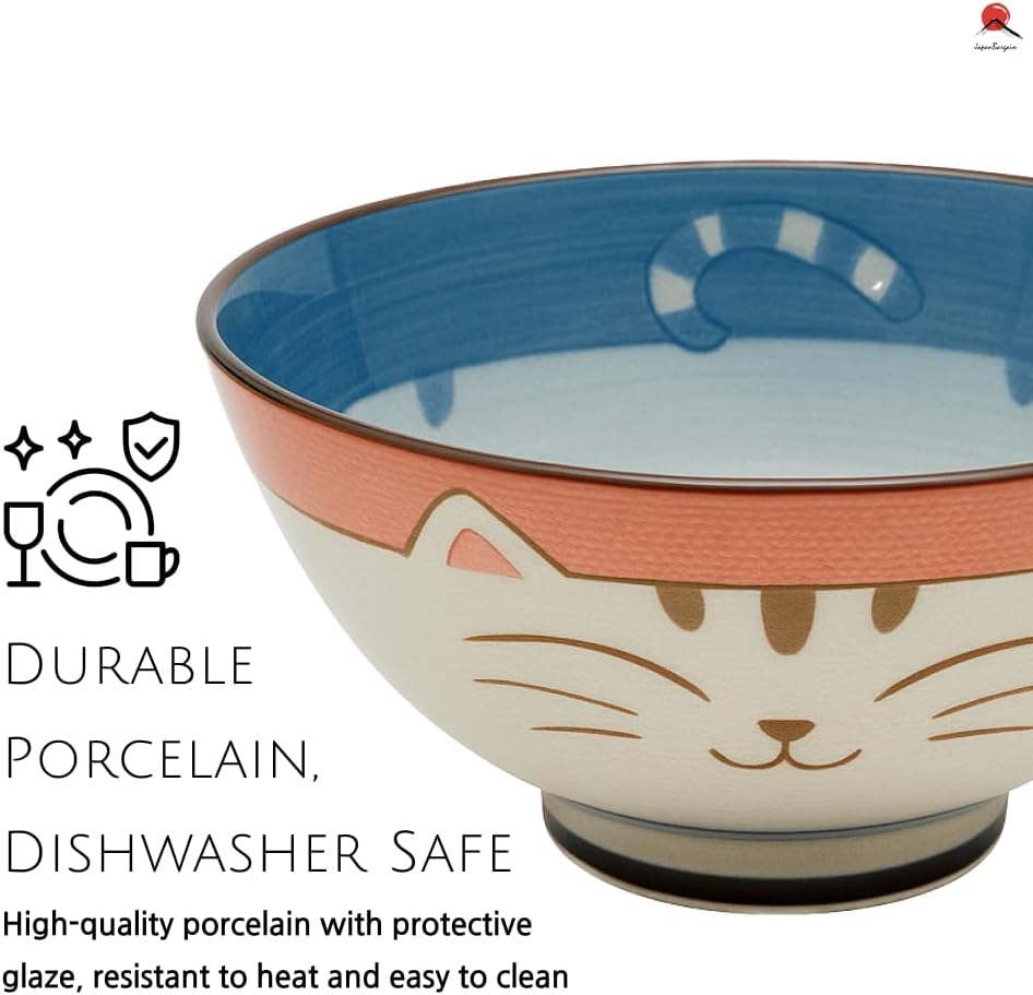 JapanBargain, Set of 2 Japanese Porcelain Bowls – 4.5" Soup, Rice, or Ramen Bowls with Smiling Maneki Neko Cat Design – Made in Japan, Microwave & Dishwasher Safe