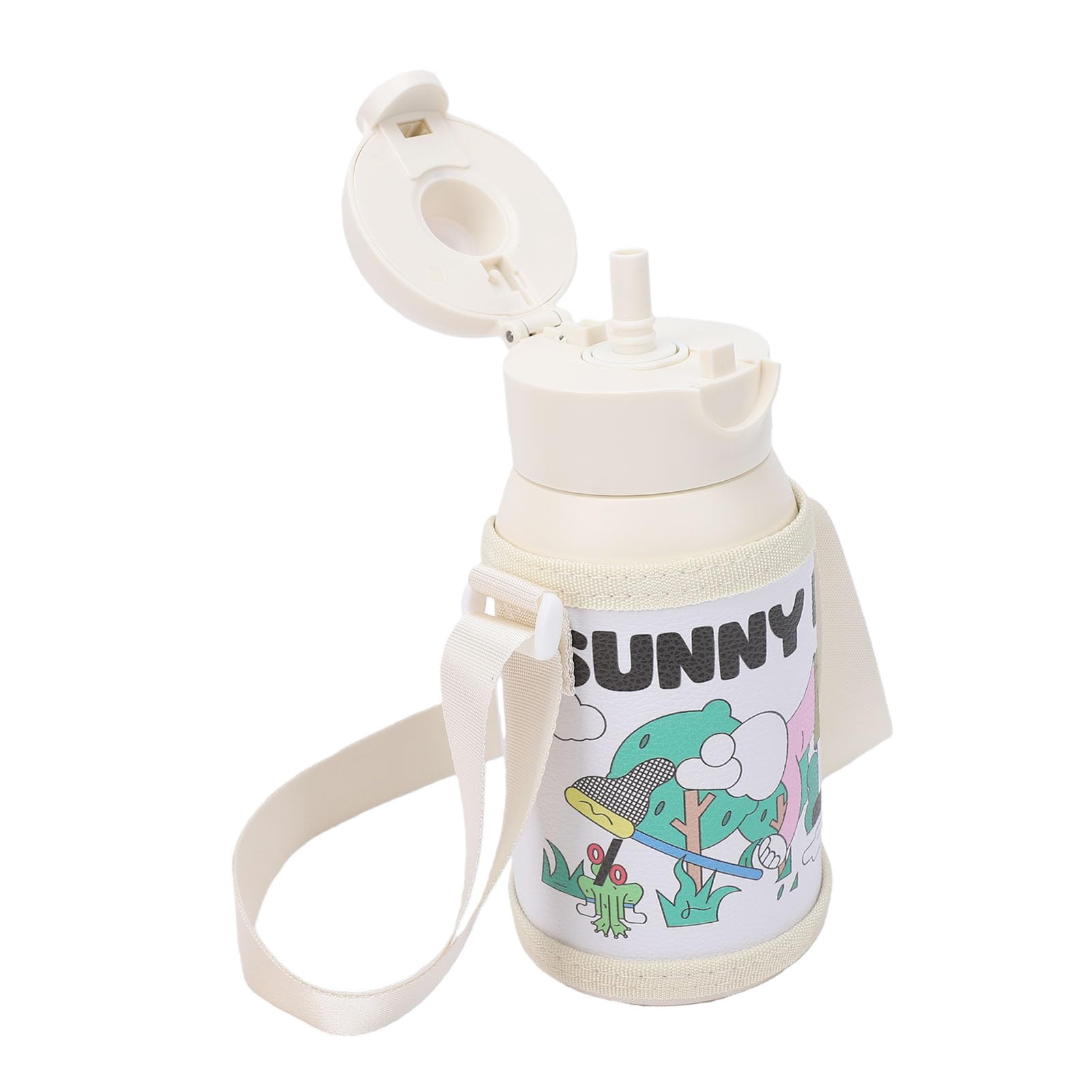 Botella de Agua para Niños de 500 Ml, Botella Aislada Desbloqueable con Huellas Dactilares y Pajitas a Prueba de Fugas, Taza de Agua de Acero Inoxidable con Correa para el Hombro y Cubierta
