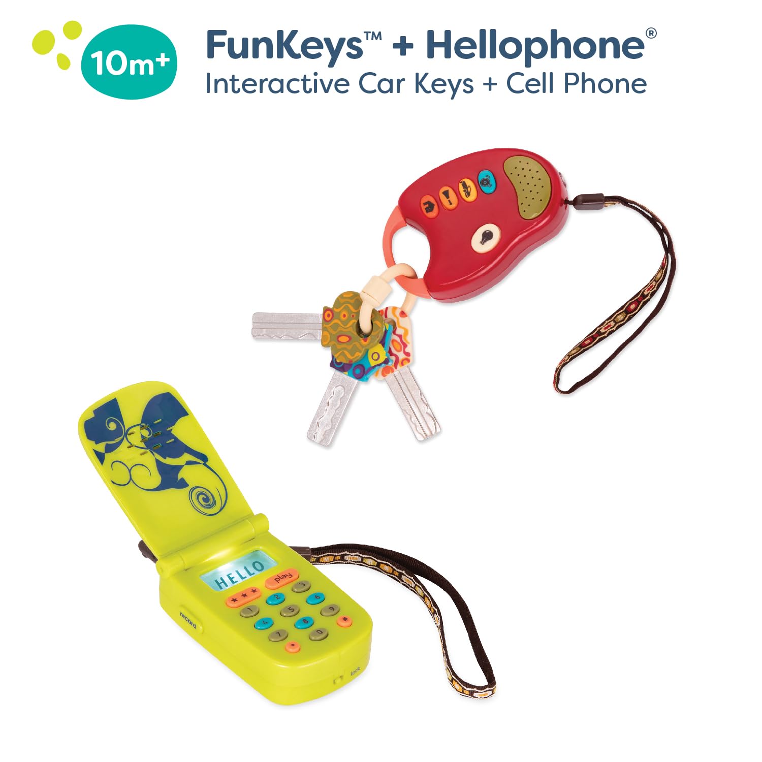 B. toys BX2367Z Cellphone samochodowy – 2 szt. sensory Bundle – developmental Toy for Babies, Toddlers – Red Keys & Green Play Phone – 10 miesięcy + – FunKeys + Hellophone, Multi