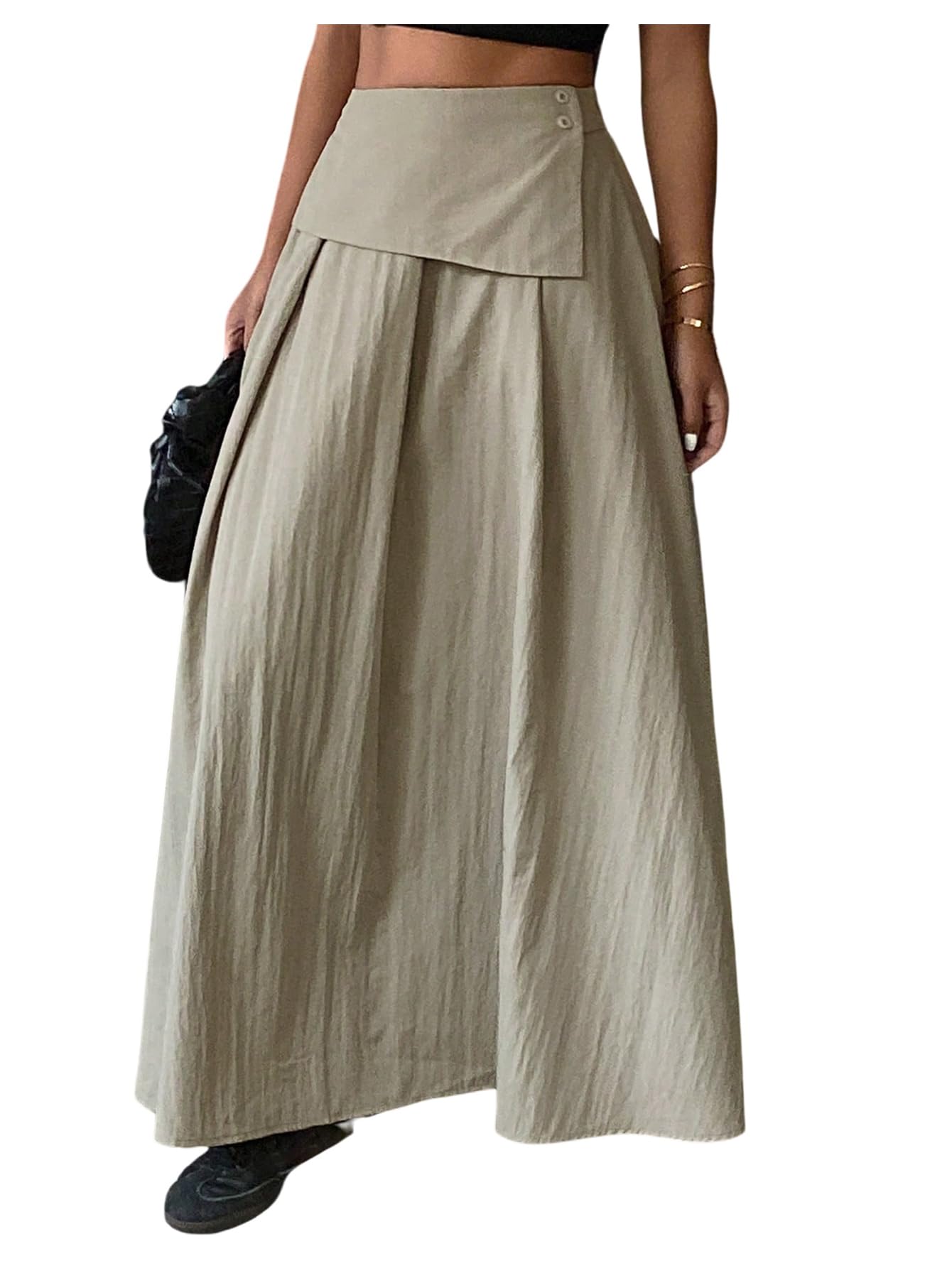 Milumia Womens High Waisted Flared A Line Maxi Skirt Elegant Loose Fit Long Skirts