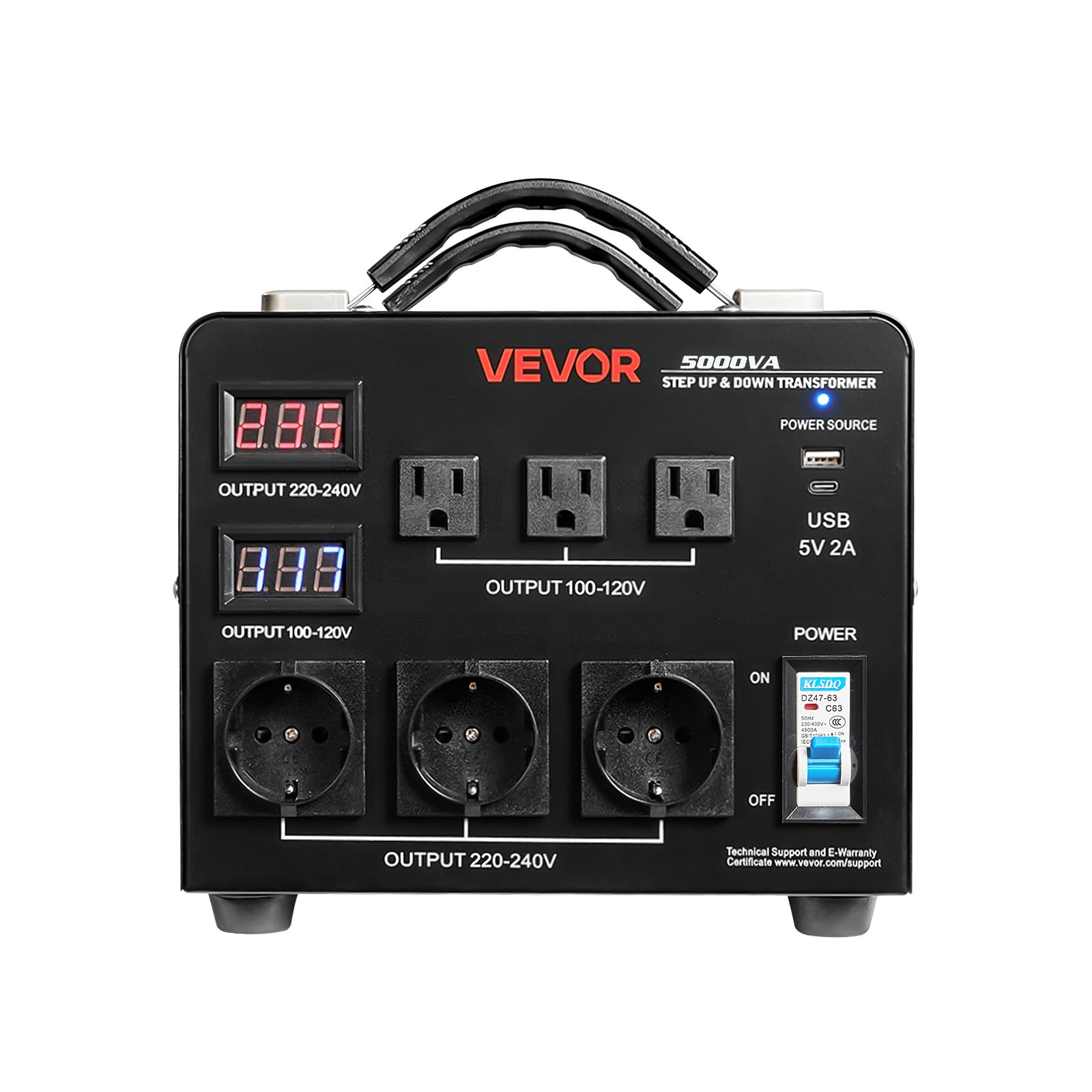 VEVOR Transformator 220 V na 110 V 110 V do 220 V Automatyczny transformator napięcia obniżającego 5000 VA z 3 gniazdami USA, 3 gniazdami UE, wyświetlaczem LCD, kablem zasilającym