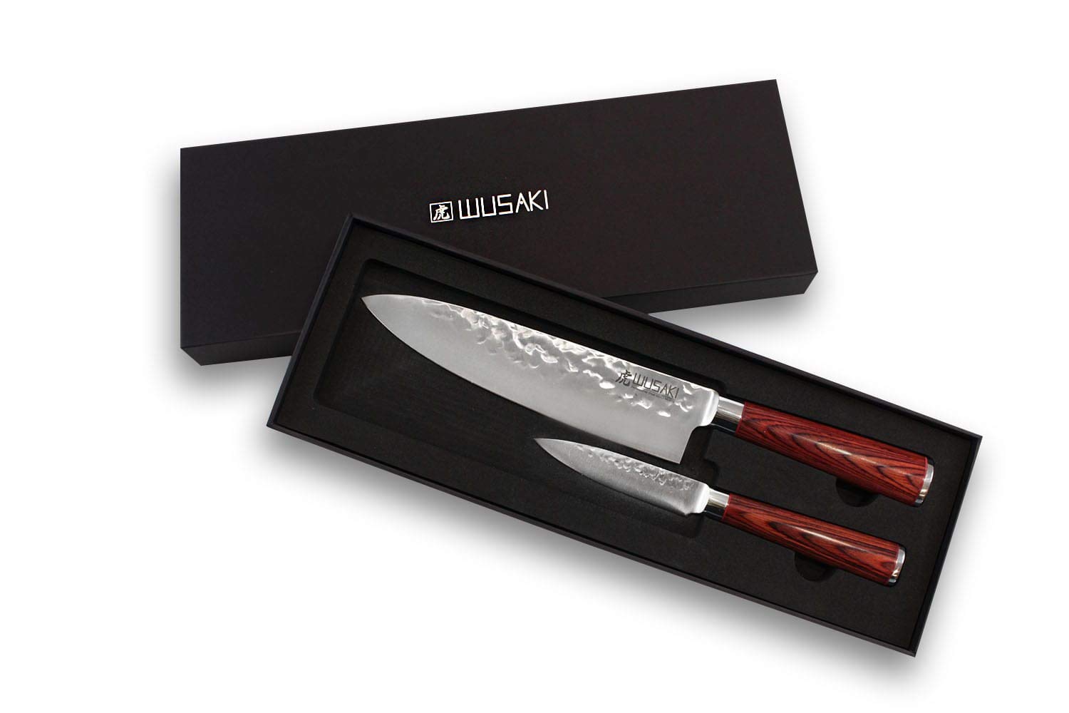 Wusaki Pakka X50 - Juego de 2 cuchillos de cocina con cuchillas martilladas de acero inoxidable y mango Pakkkawood - Caja ideal para regalar