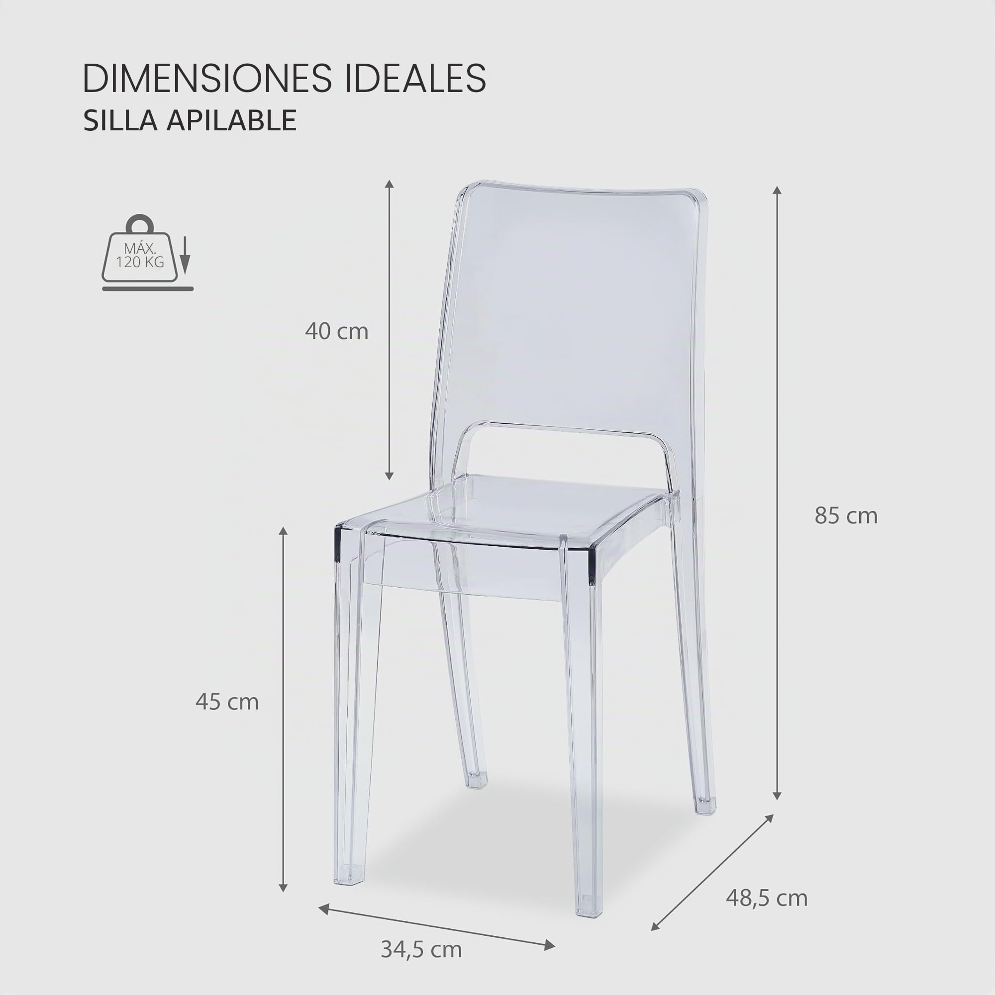 Baroni Home Juego de 4 sillas Transparentes, Modernas y apilables, Ligeras y Resistentes, con Goma Antideslizante, para Comedor, 34,5 x 48,5 x 85 cm (Transparente)
