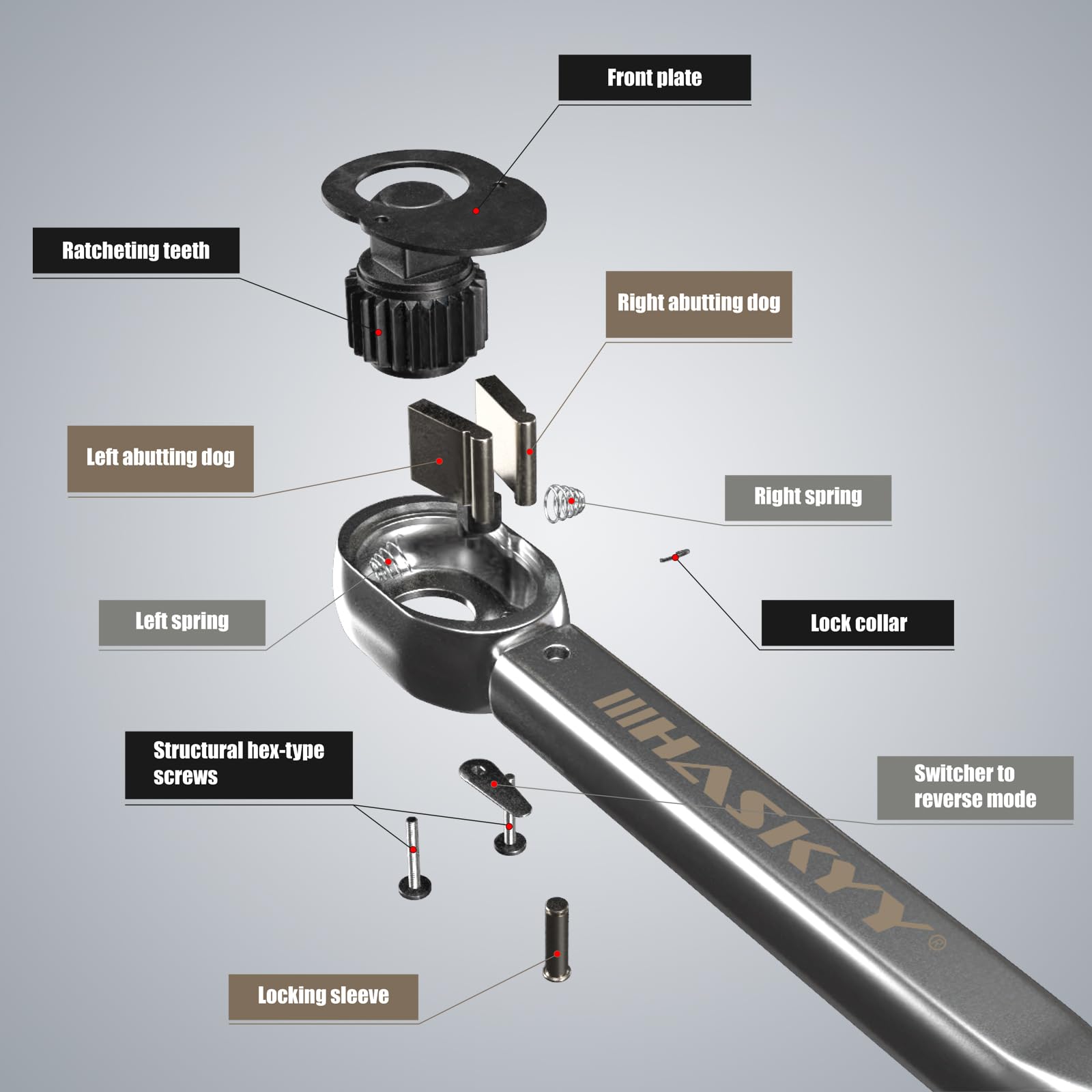 HASKYY Klucz dynamometryczny, 28 do 210 Nm, 1/2", adapter 3/8", 3 gniazda 17, 19, 21 mm, do nakrętki koła