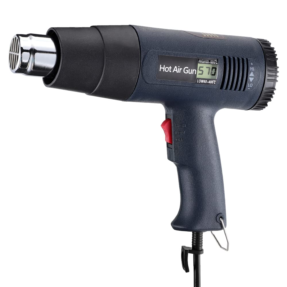Hot Air Gun 2000W Heat Gun Fast Heat 2 Temp Settings 60-650℃ Temperature Display Dual Airflow Setting Variable Temperature Control 4 Nozzle Overheat Protection For Crafts Shrinking PVC Stripping Paint