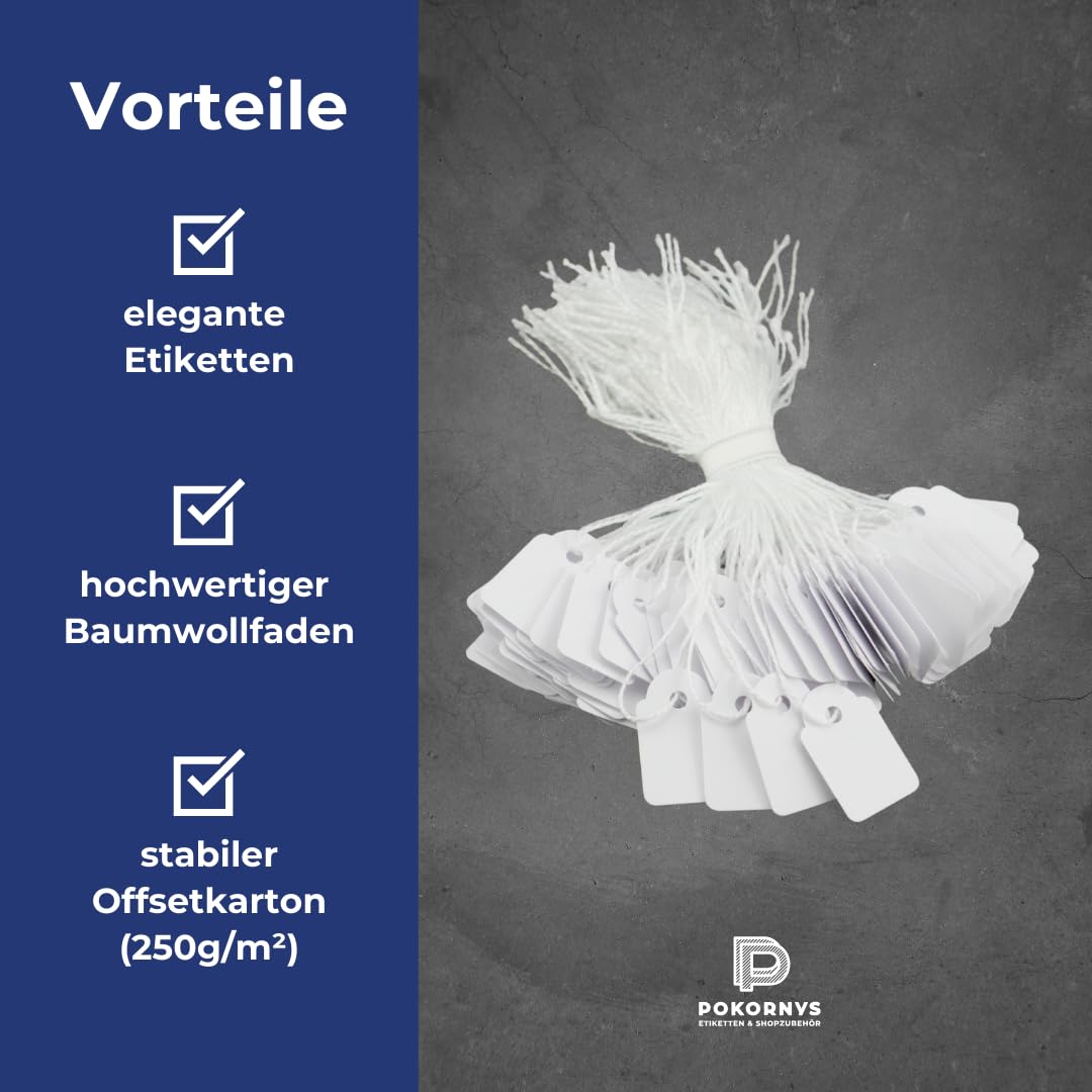POKORNYS - 1.000 blanko Preisetiketten mit Faden (50 x 70 mm) weiß I Etiketten zum Beschriften I Preisschilder aus Karton mit Baumwollfaden I Anhänger, Hängeetikett, Geschenkanhänger für Kleidung uvm.