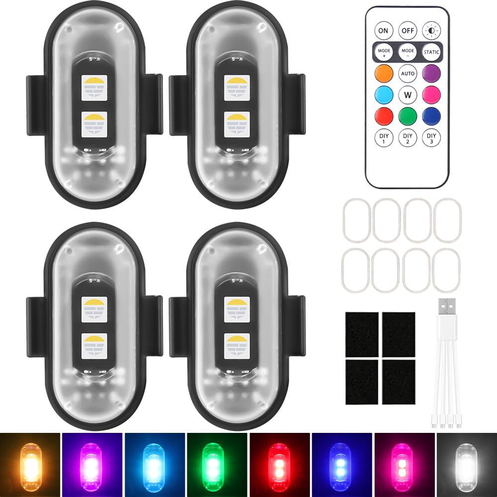 4 Piezas Luz Estroboscopica Drone, 8 Colores LED Estroboscópicas con Control Remoto, Mini Lámpara de Dron Luces de Advertencia Nocturnas para Dron, Camión