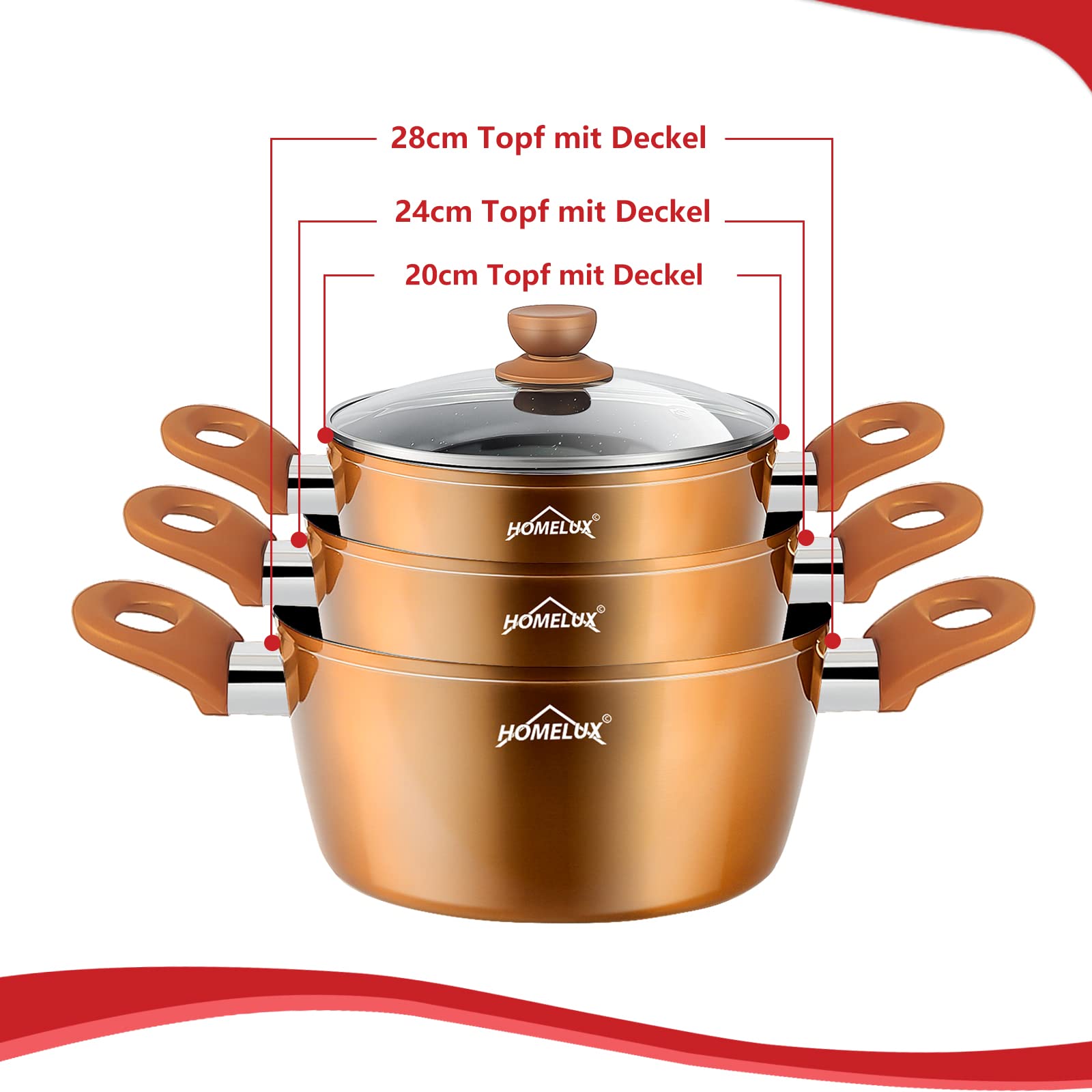 HOMELUX Topfset Induktion 10-tlg Aluminiumguss beschichtet,Kupfer | 2xBratpfanne+3xKochtopf mit Glasdeckel+1xMilchtopf mit Glasdeckel,Antihaftbeschichtung,Für alle Herdarten geeignet,BPA-frei