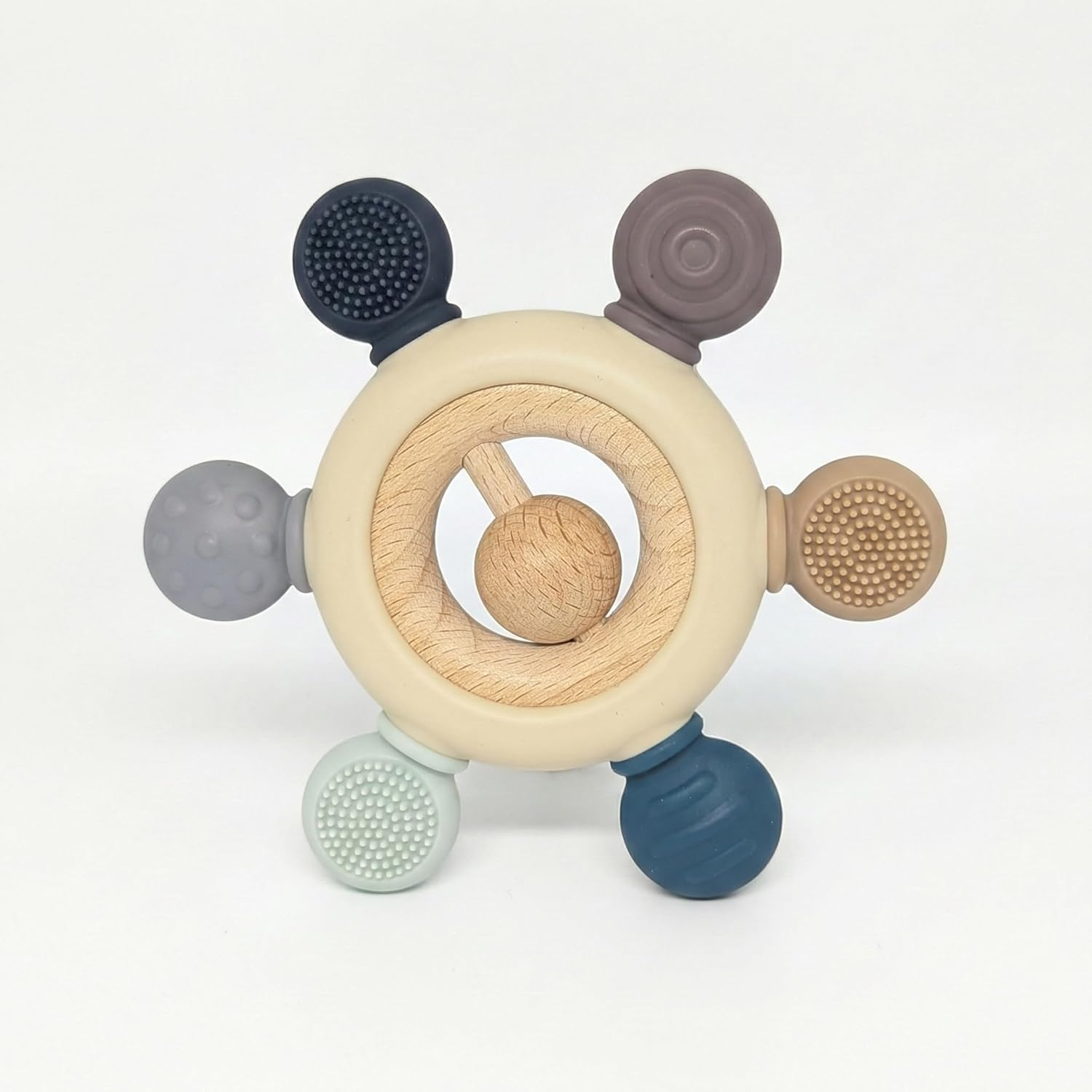 Silicone & Wooden Baby Teether for 3+ Months, BPA Free Soft Teething Toy, Safe Teether for Infants, Round Shape, Silicone Rudder with Wooden Ring Soothe Babies Gums (Blue)-image-41