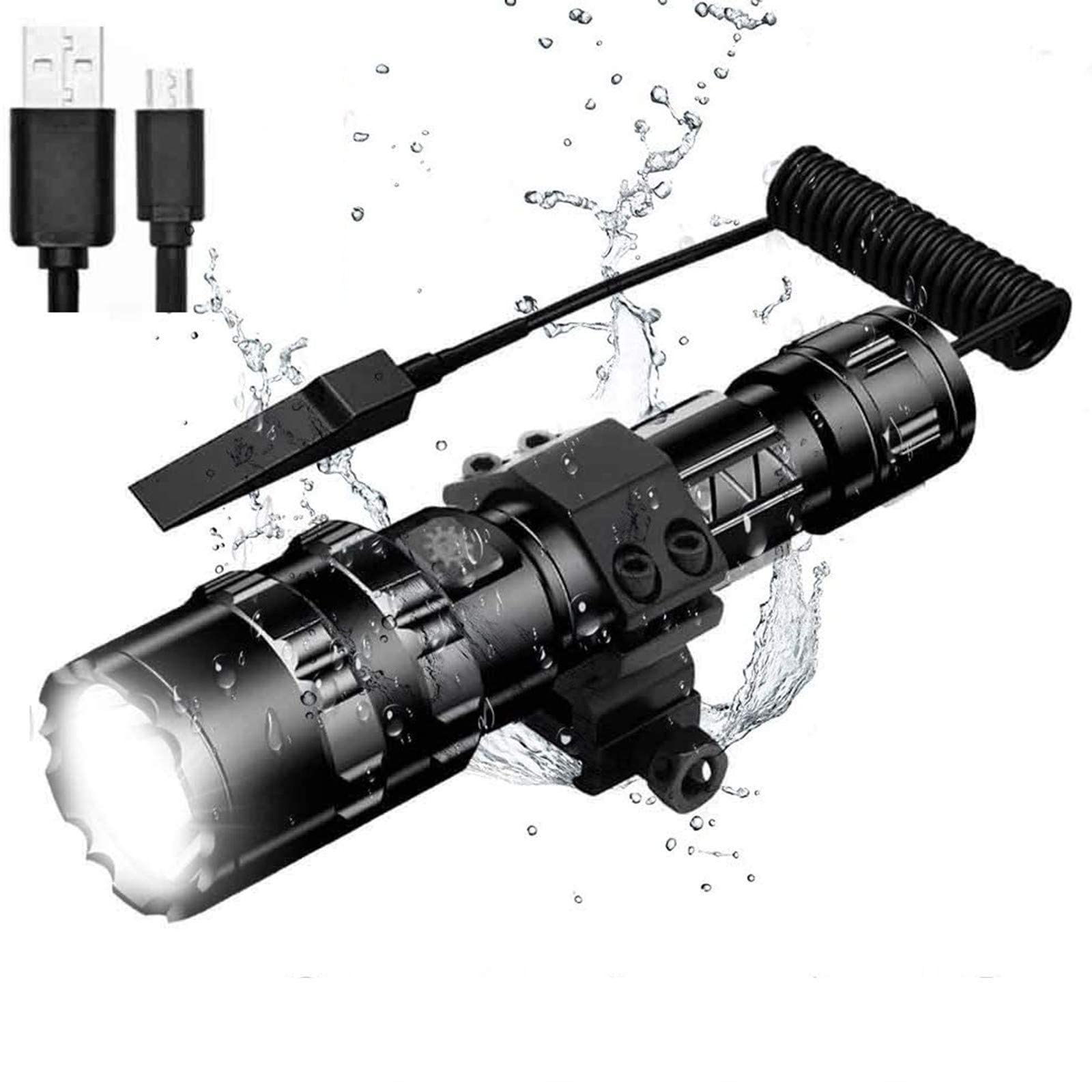 Kit de Linterna LED Alta Potencia Recargable 1600 LM Brillante Antorcha Táctica Linterna de Mano 5 modos 500 metros Impermeable con cargador USB y modo SOS (batería incluida)