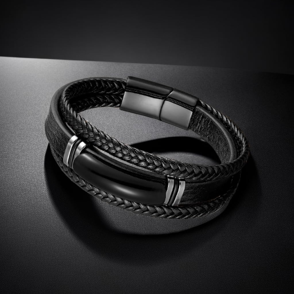 Men's Leather Bracelet Natural Tiger Eye and Agate Protection Multilayer Braided Wristband Bangle for Holiday Gifts - Image 5